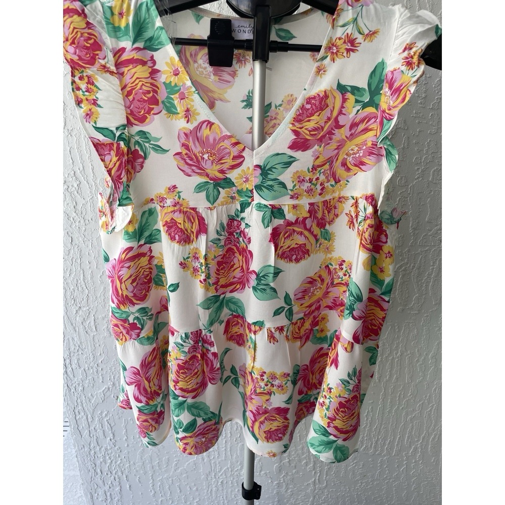 Emily Wonder Womens Floral Ruffle Tiered Babydoll Blouse White Pink Yellow M